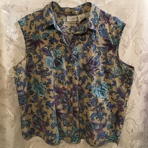 White Stag Sleeveless Button Up Blue and Tan Top